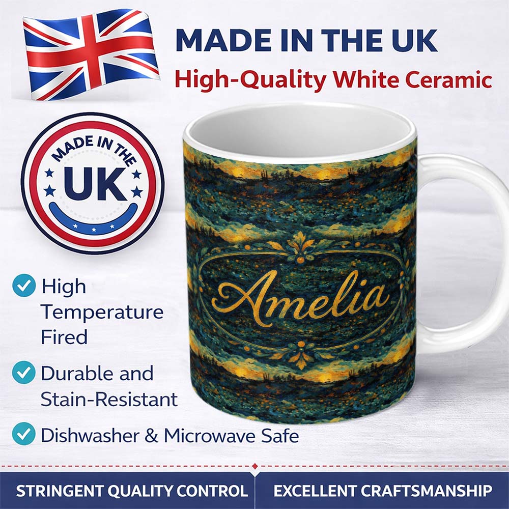 Personalized Custom Name Impressionist Landscape with Rolling Hills and Sunset in Deep Blue 11oz Ceramic Coffee Tea Mug White Large Handle