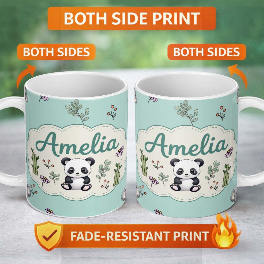 Personalized Custom Name Cute Panda Bear with Bamboo Leaves Floral Seamless Pattern Teal 11oz Ceramic Coffee Tea Mug White Large Handle