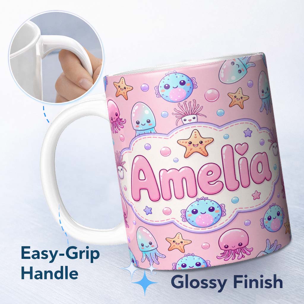 Personalized Custom Name Kawaii Jellyfish Starfish and Cute Sea Creatures Warm Pink Lovely 11oz Ceramic Coffee Tea Mug White Large Handle