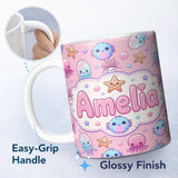 Personalized Custom Name Kawaii Jellyfish Starfish and Cute Sea Creatures Warm Pink Lovely 11oz Ceramic Coffee Tea Mug White Large Handle
