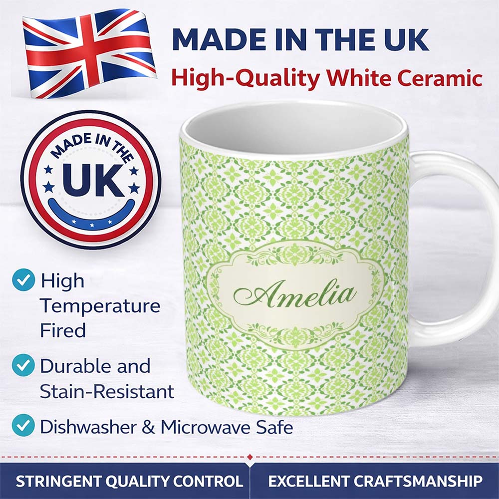 Personalized Custom Name Geometric Floral Green Tile Pattern on White Background Seamless 11oz Ceramic Coffee Tea Mug White Large Handle