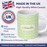Personalized Custom Name Geometric Floral Green Tile Pattern on White Background Seamless 11oz Ceramic Coffee Tea Mug White Large Handle