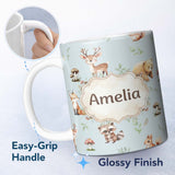 Personalized Custom Name Woodland Deer Bear Fox Owl Raccoon Leaves Mushrooms Blue Seamless 11oz Ceramic Coffee Tea Mug White Large Handle