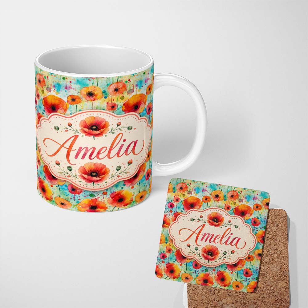 Personalized Custom Name Colorful Watercolor Poppy Garden Artistic Seamless Pattern Lovely 11oz Ceramic Coffee Tea Mug White Large Handle