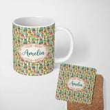 Personalized Custom Name Delicate Watercolor Cactus Succulent Garden Pastel Seamless Pattern 11oz Ceramic Coffee Tea Mug White Large Handle