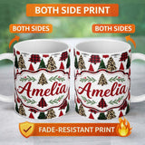 Personalized Custom Name Trendy Christmas Trees in Plaid and Leopard Print Seamless Pattern 11oz Ceramic Coffee Tea Mug White Large Handle