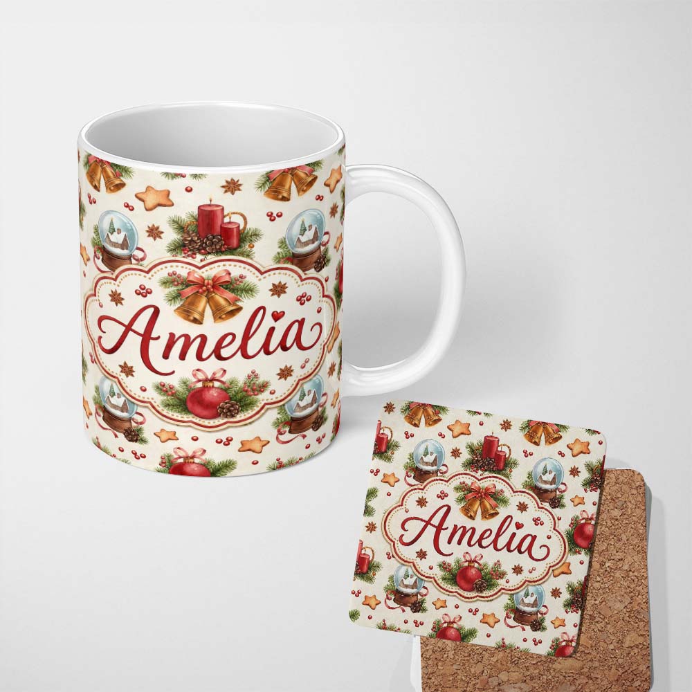Personalized Custom Name Vintage Christmas Bells Candle Snow Globe Festive Seamless Pattern 11oz Ceramic Coffee Tea Mug White Large Handle