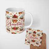 Personalized Custom Name Vintage Christmas Bells Candle Snow Globe Festive Seamless Pattern 11oz Ceramic Coffee Tea Mug White Large Handle