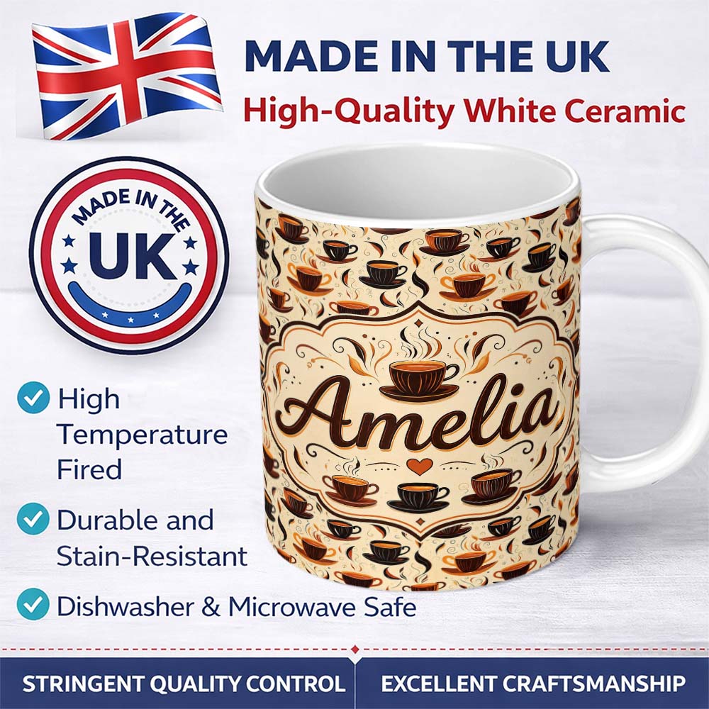 Personalized Custom Name Stylized Coffee Cups with Swirling Steam Seamless Pattern Lovely 11oz Ceramic Coffee Tea Mug White Large Handle