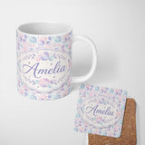 Personalized Custom Name Soft Pastel Galaxy Circles and Stars Seamless Pattern Lovely 11oz Ceramic Coffee Tea Mug White Large Handle