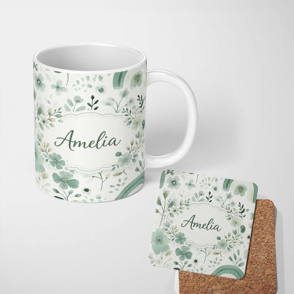 Personalized Custom Name Watercolor Green Floral Rainbow Pattern White Background Seamless 11oz Ceramic Coffee Tea Mug White Large Handle