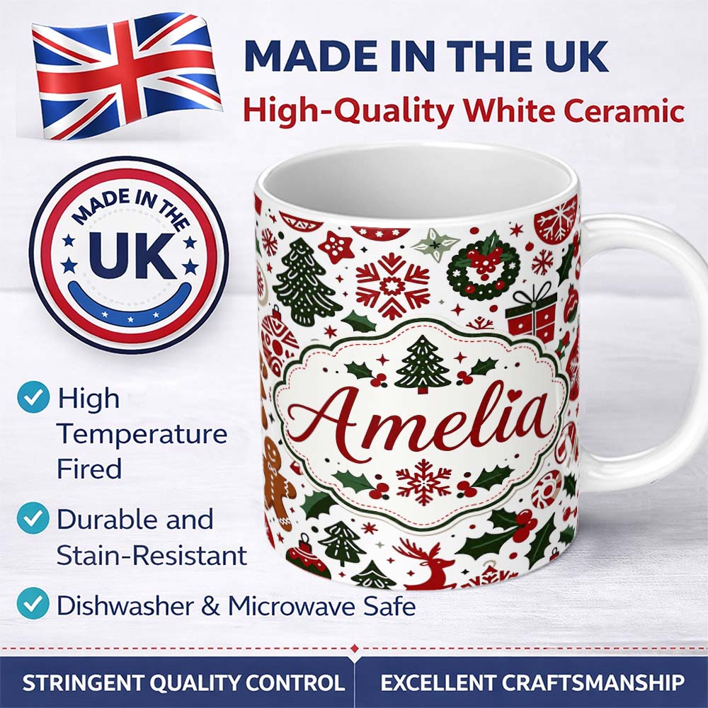 Personalized Custom Name Cute Christmas Tree Snowflake Baubles Festive Seamless Pattern 11oz Ceramic Coffee Tea Mug White Large Handle