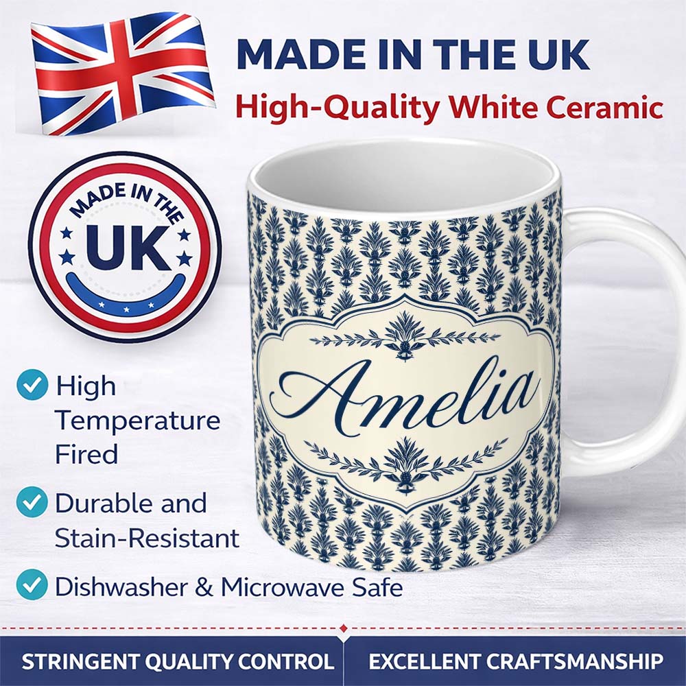 Personalized Custom Name Navy Blue Pineapple Folk Art Style Seamless Pattern Cute Unique Gift 11oz Ceramic Coffee Tea Mug White Large Handle