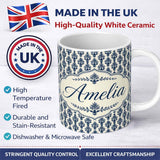 Personalized Custom Name Navy Blue Pineapple Folk Art Style Seamless Pattern Cute Unique Gift 11oz Ceramic Coffee Tea Mug White Large Handle