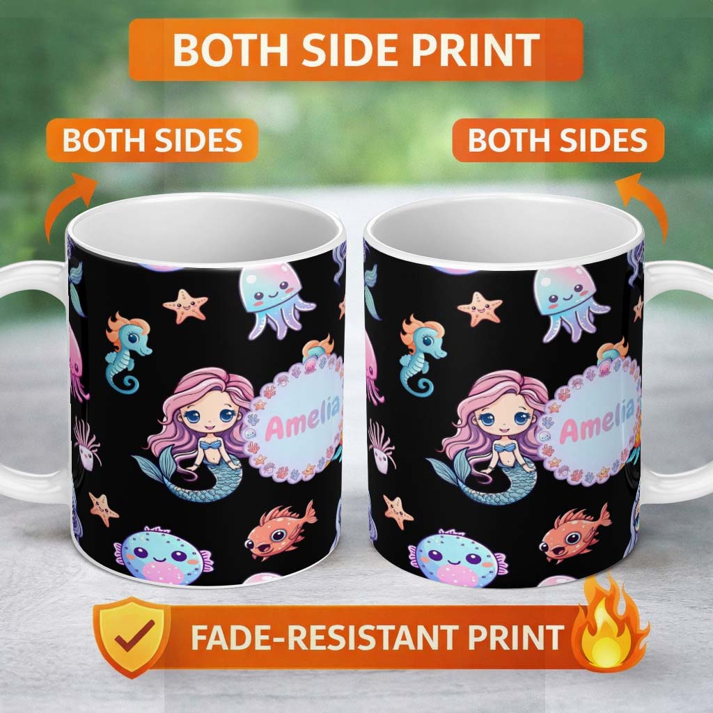 Personalized Custom Name Cute Kawaii Mermaid Seahorse Jellyfish and Starfish on Black Lovely 11oz Ceramic Coffee Tea Mug White Large Handle
