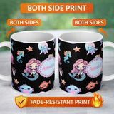 Personalized Custom Name Cute Kawaii Mermaid Seahorse Jellyfish and Starfish on Black Lovely 11oz Ceramic Coffee Tea Mug White Large Handle
