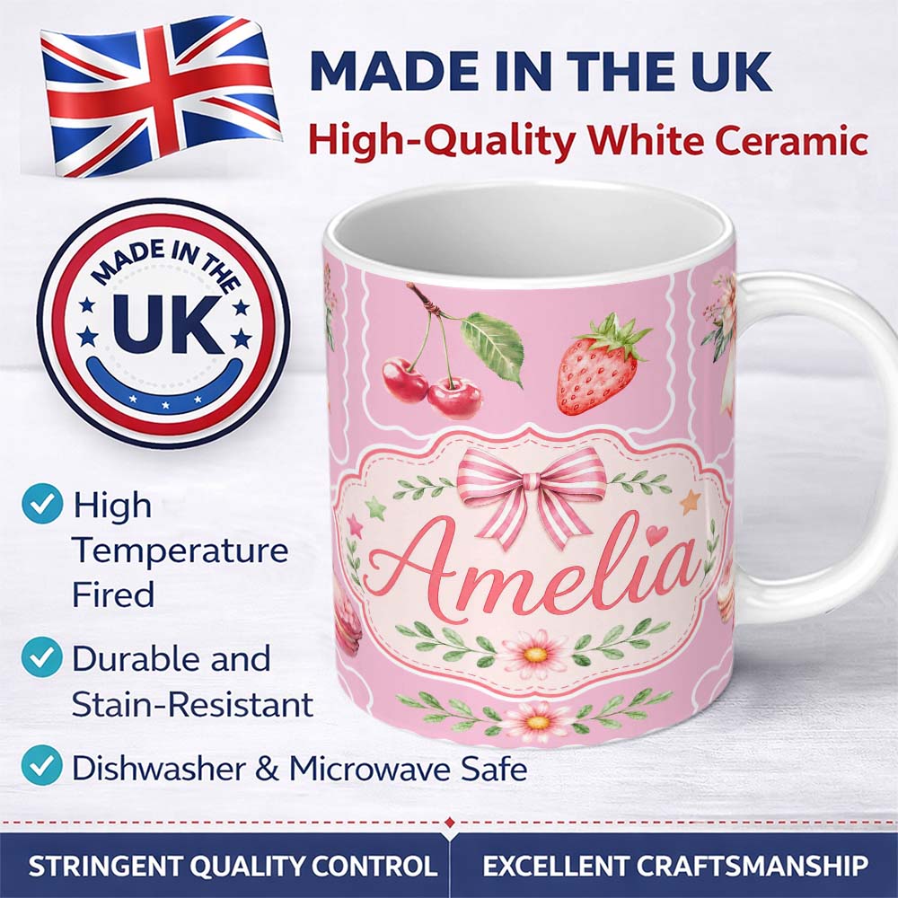 Personalized Custom Name Cute Strawberry Cherry Ribbon Bow Sweet Dessert Pattern Warm 11oz Ceramic Coffee Tea Mug White Large Handle
