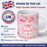 Personalized Custom Name Cute Strawberry Cherry Ribbon Bow Sweet Dessert Pattern Warm 11oz Ceramic Coffee Tea Mug White Large Handle