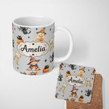 Personalized Custom Name Cute Halloween Teddy Bears Mummy Witch Cat Pumpkin Stars Grey 11oz Ceramic Coffee Tea Mug White Large Handle
