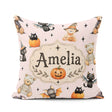 Custom Name Cute Teddy Bears Mummy Witch Cat Pumpkin Stars Pink Square Filled Cushion Throw Pillow Sofa Bed Home Decor Zip Washable UK Made