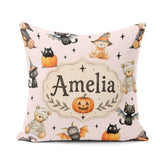 Custom Name Cute Teddy Bears Mummy Witch Cat Pumpkin Stars Pink Square Filled Cushion Throw Pillow Sofa Bed Home Decor Zip Washable UK Made
