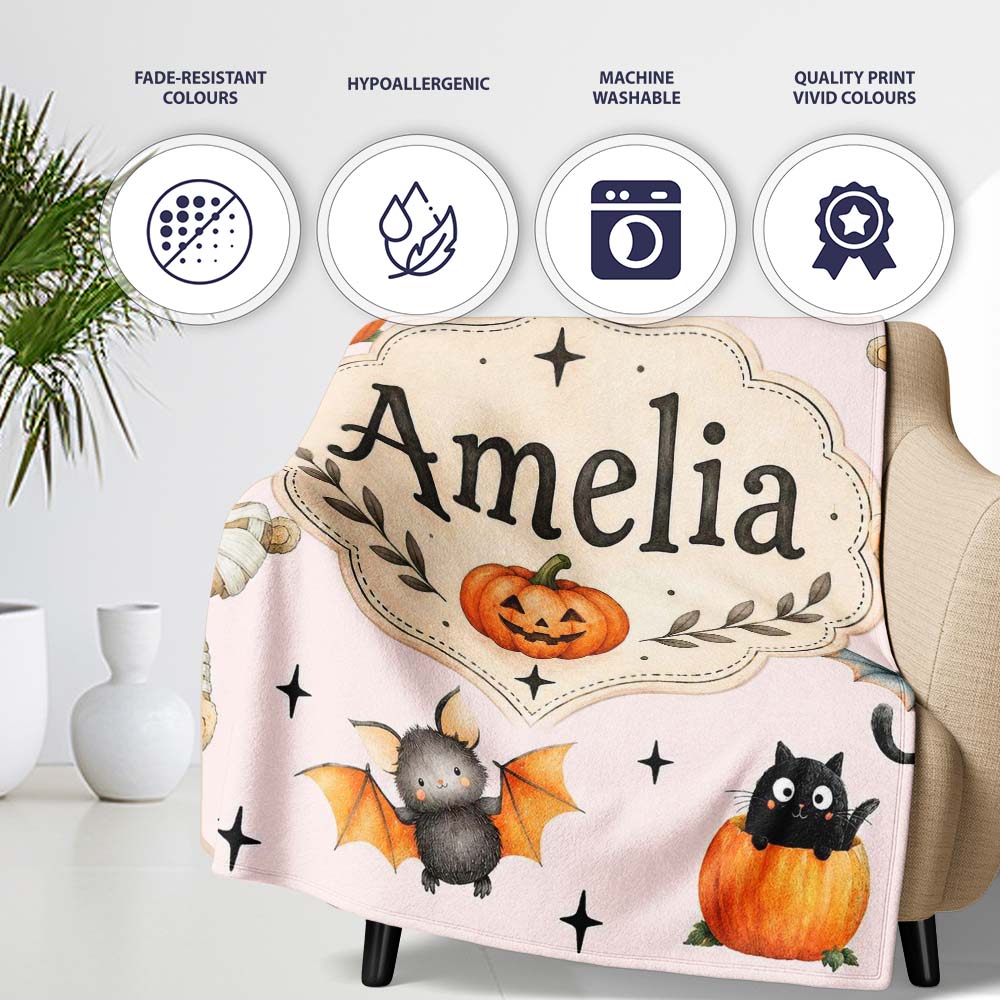 Cute Halloween Teddy Bears Mummy Witch Cat Pumpkin Stars Pink Lovely  Personalised Custom Name Super Soft Fleece Blanket Bed Sofa Throw