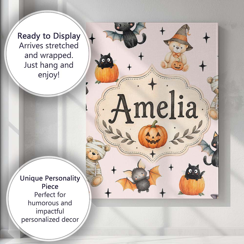 Personalised Name Cute Halloween Teddy Custom  Modern Room Accent Elegant Feature Canvas Wall Art Print Decor Picture Ready to Hang