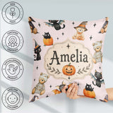 Custom Name Cute Teddy Bears Mummy Witch Cat Pumpkin Stars Pink Square Filled Cushion Throw Pillow Sofa Bed Home Decor Zip Washable UK Made
