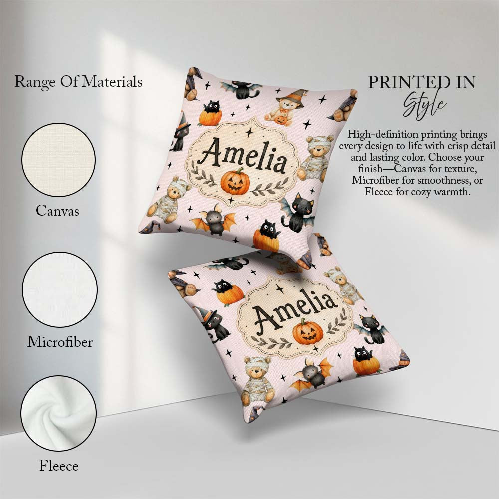 Custom Name Cute Teddy Bears Mummy Witch Cat Pumpkin Stars Pink Square Filled Cushion Throw Pillow Sofa Bed Home Decor Zip Washable UK Made