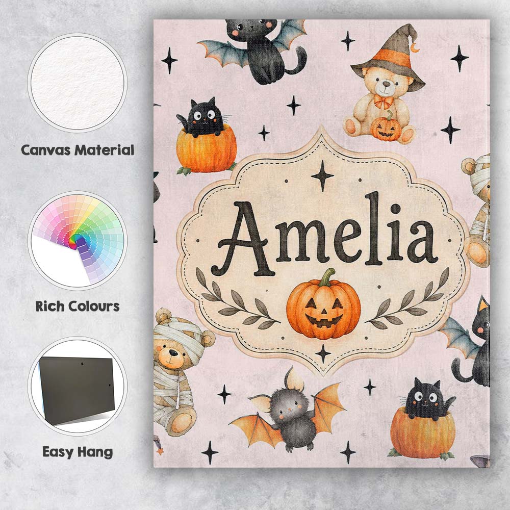 Personalised Name Cute Halloween Teddy Custom  Modern Room Accent Elegant Feature Canvas Wall Art Print Decor Picture Ready to Hang