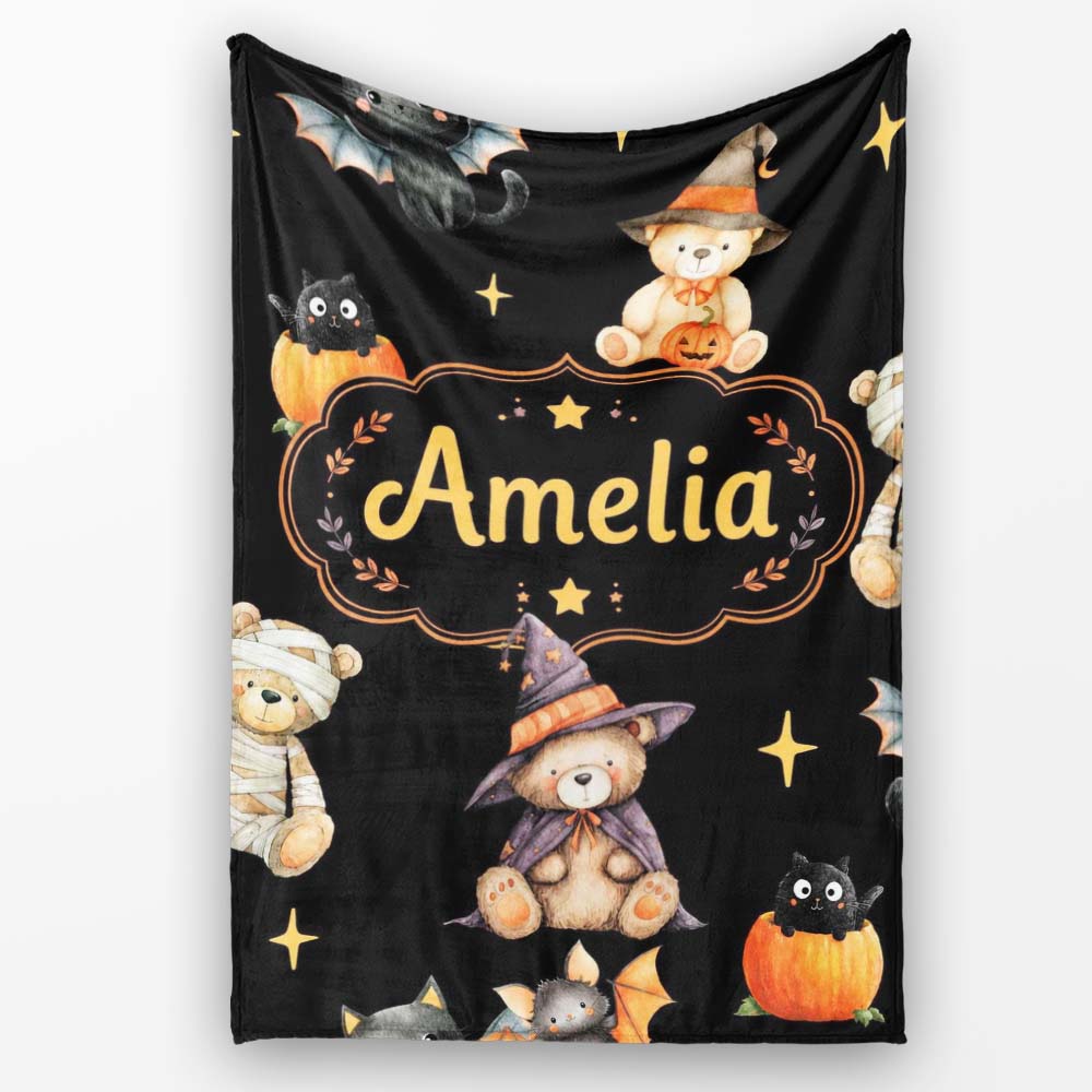 Cute Halloween Teddy Bears Mummy Witch Cat Pumpkin Stars Black  Personalised Custom Name Super Soft Fleece Blanket Bed Sofa Throw