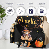 Cute Halloween Teddy Bears Mummy Witch Cat Pumpkin Stars Black  Personalised Custom Name Super Soft Fleece Blanket Bed Sofa Throw