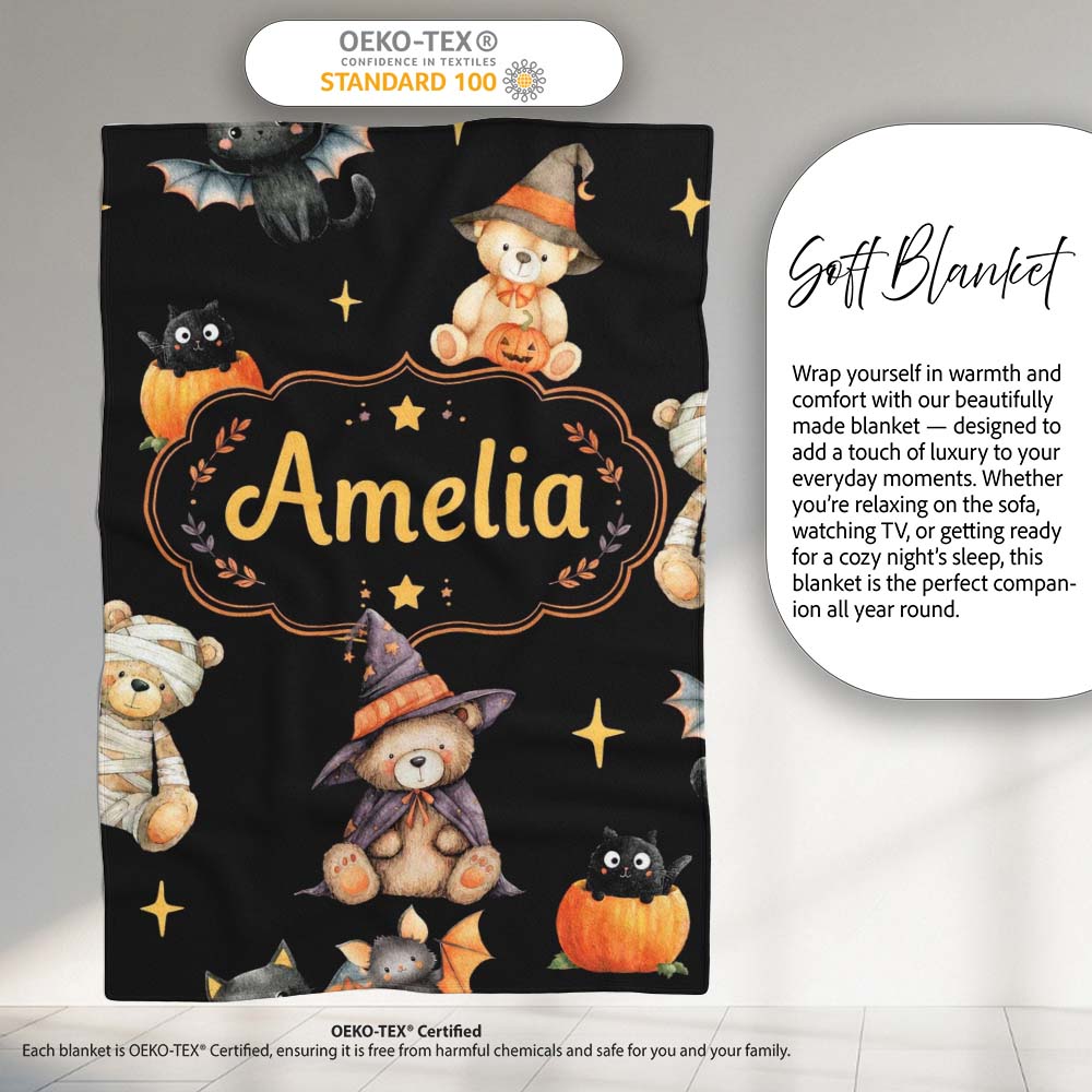 Cute Halloween Teddy Bears Mummy Witch Cat Pumpkin Stars Black  Personalised Custom Name Super Soft Fleece Blanket Bed Sofa Throw