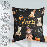 Custom Name Cute Teddy Bears Mummy Witch Cat Pumpkin Stars Black Square Filled Cushion Throw Pillow Sofa Bed Home Decor Zip Washable UK Made