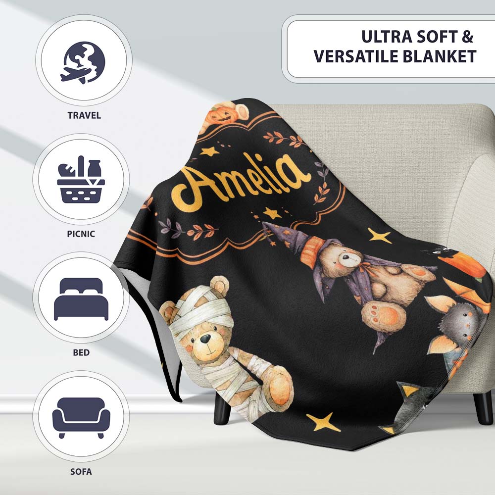 Cute Halloween Teddy Bears Mummy Witch Cat Pumpkin Stars Black  Personalised Custom Name Super Soft Fleece Blanket Bed Sofa Throw