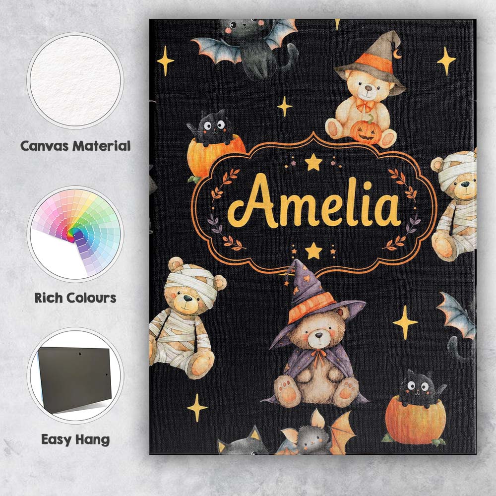 Personalised Name Cute Halloween Teddy Custom  Modern Room Accent Elegant Feature Canvas Wall Art Print Decor Picture Ready to Hang