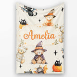 Cute Halloween Teddy Bears Mummy Witch Cat Pumpkin Stars Cream  Personalised Custom Name Super Soft Fleece Blanket Bed Sofa Throw