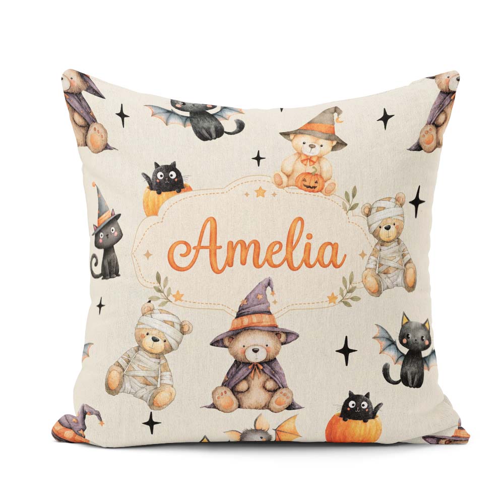 Custom Name Cute Teddy Bears Mummy Witch Cat Pumpkin Stars Cream Square Filled Cushion Throw Pillow Sofa Bed Home Decor Zip Washable UK Made