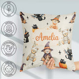 Custom Name Cute Teddy Bears Mummy Witch Cat Pumpkin Stars Cream Square Filled Cushion Throw Pillow Sofa Bed Home Decor Zip Washable UK Made