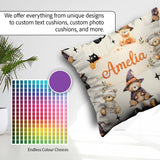 Custom Name Cute Teddy Bears Mummy Witch Cat Pumpkin Stars Cream Square Filled Cushion Throw Pillow Sofa Bed Home Decor Zip Washable UK Made