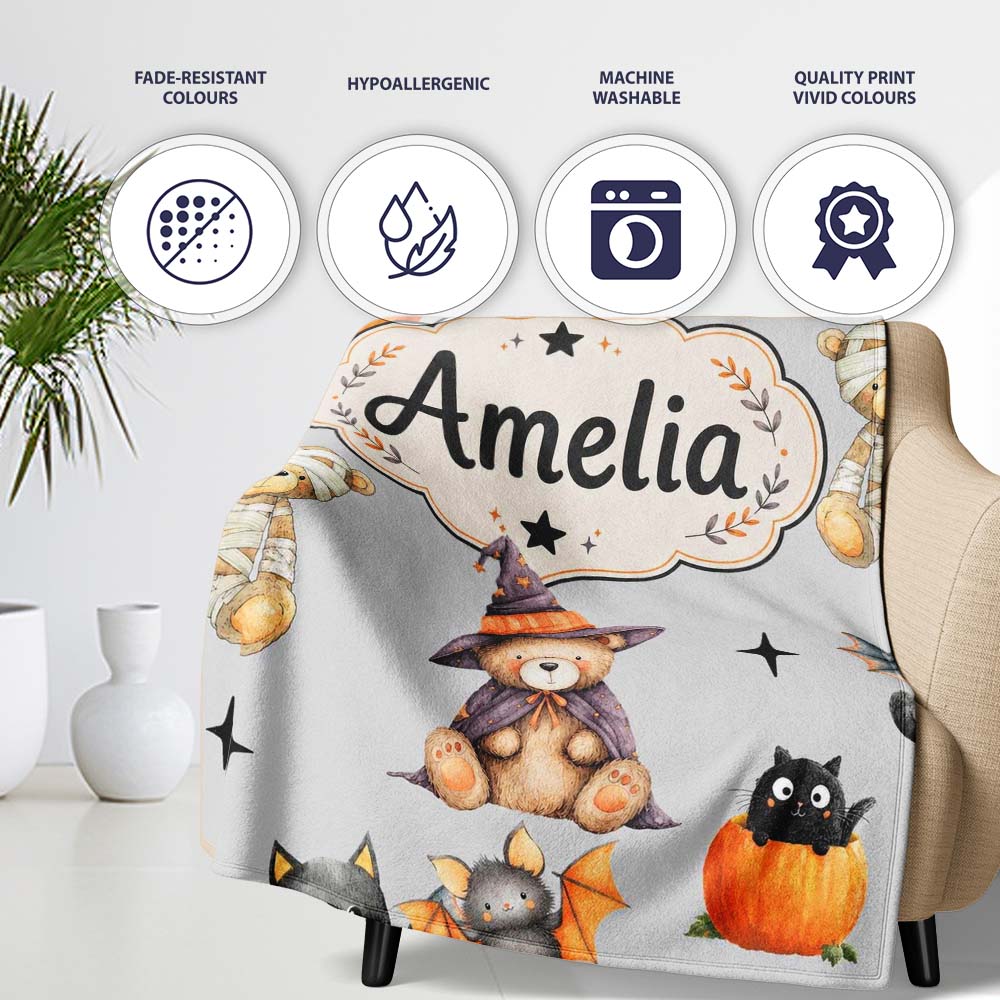 Cute Halloween Teddy Bears Mummy Witch Cat Pumpkin Stars Grey  Personalised Custom Name Super Soft Fleece Blanket Bed Sofa Throw