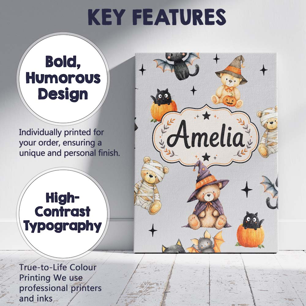 Personalised Name Cute Halloween Teddy Custom  Modern Room Accent Elegant Feature Canvas Wall Art Print Decor Picture Ready to Hang