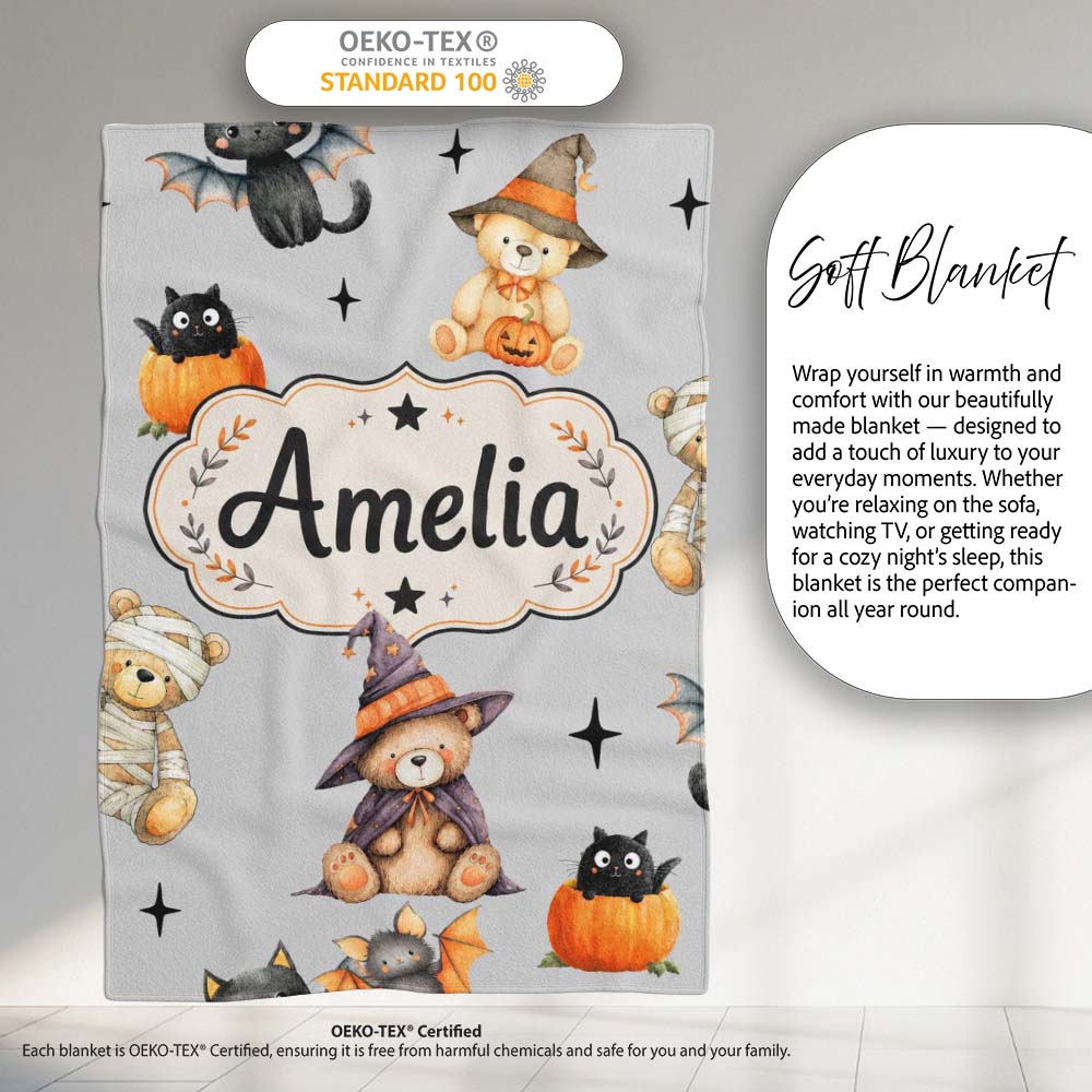 Cute Halloween Teddy Bears Mummy Witch Cat Pumpkin Stars Grey  Personalised Custom Name Super Soft Fleece Blanket Bed Sofa Throw