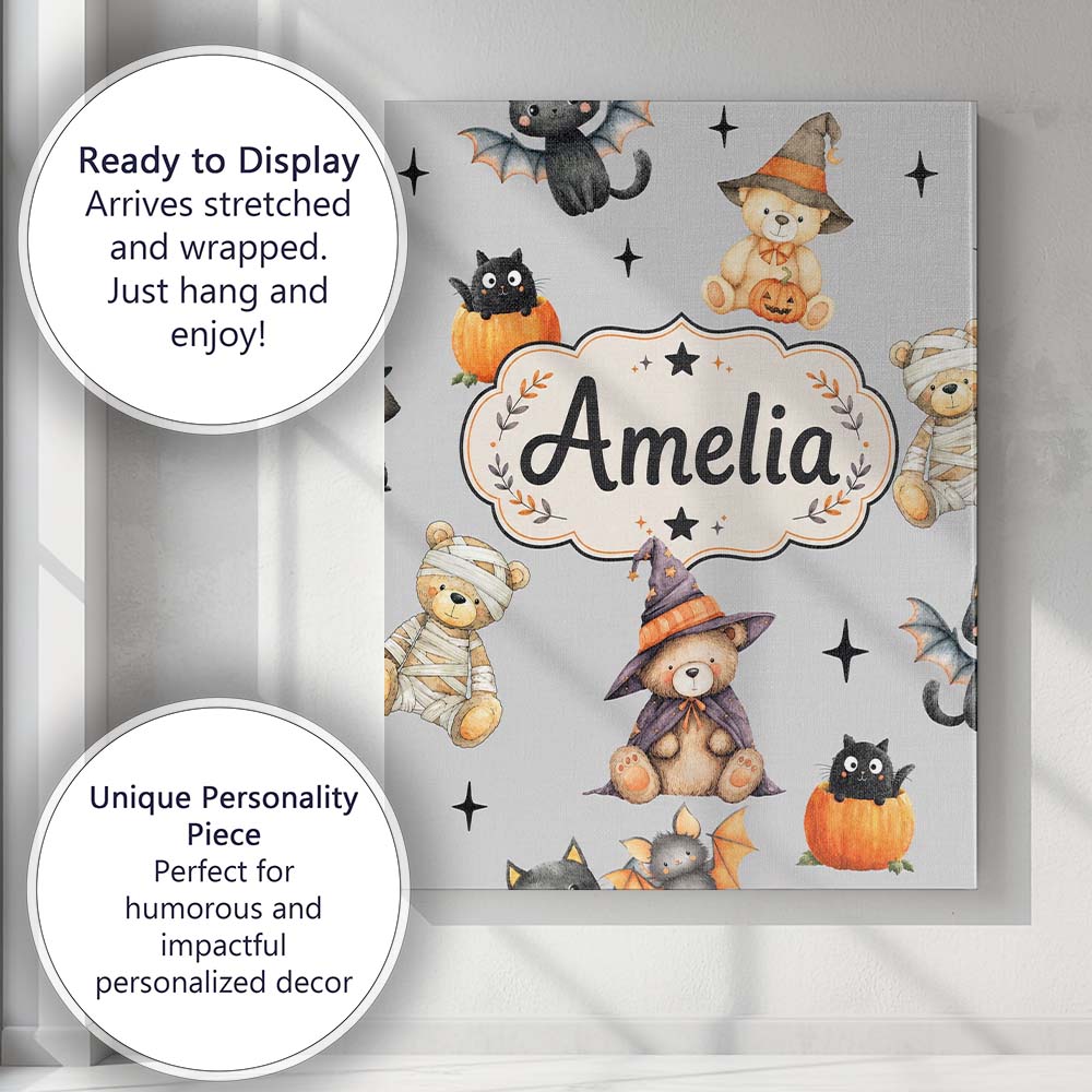 Personalised Name Cute Halloween Teddy Custom  Modern Room Accent Elegant Feature Canvas Wall Art Print Decor Picture Ready to Hang
