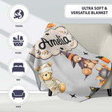 Cute Halloween Teddy Bears Mummy Witch Cat Pumpkin Stars Grey  Personalised Custom Name Super Soft Fleece Blanket Bed Sofa Throw