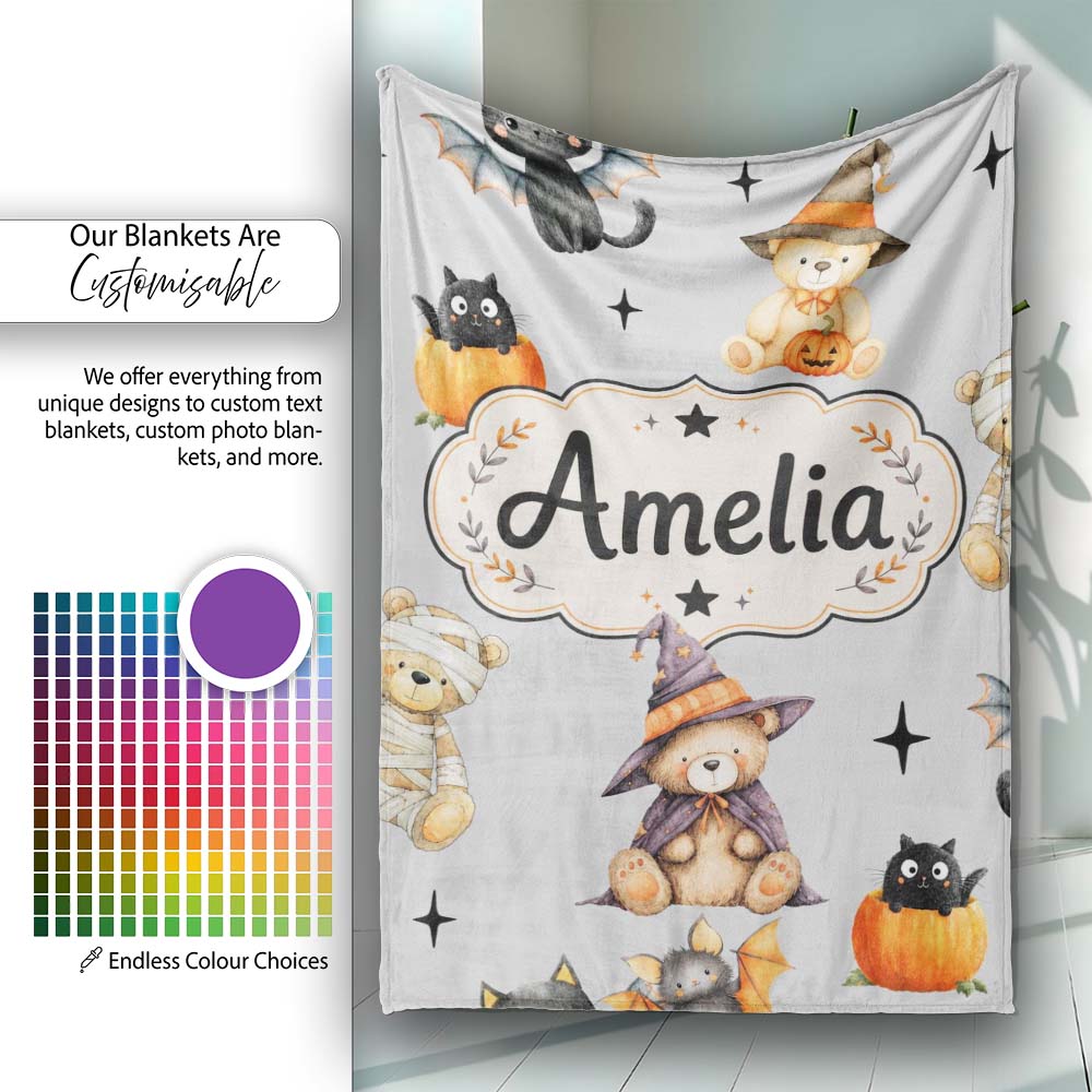 Cute Halloween Teddy Bears Mummy Witch Cat Pumpkin Stars Grey  Personalised Custom Name Super Soft Fleece Blanket Bed Sofa Throw