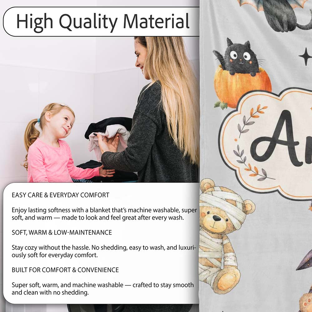 Cute Halloween Teddy Bears Mummy Witch Cat Pumpkin Stars Grey  Personalised Custom Name Super Soft Fleece Blanket Bed Sofa Throw