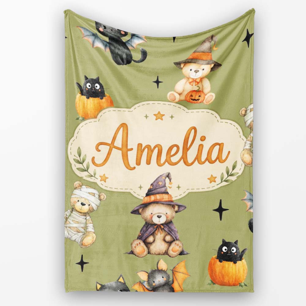 Cute Halloween Teddy Bears Mummy Witch Cat Pumpkin Stars Olive  Personalised Custom Name Super Soft Fleece Blanket Bed Sofa Throw