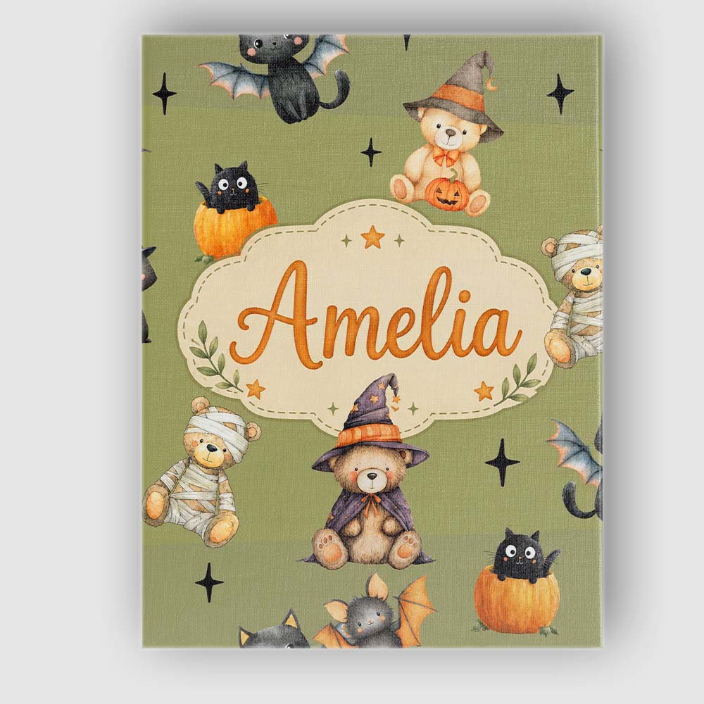 Personalised Name Cute Halloween Teddy Custom  Modern Room Accent Elegant Feature Canvas Wall Art Print Decor Picture Ready to Hang