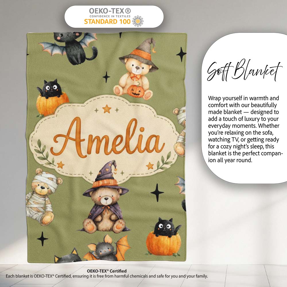 Cute Halloween Teddy Bears Mummy Witch Cat Pumpkin Stars Olive  Personalised Custom Name Super Soft Fleece Blanket Bed Sofa Throw